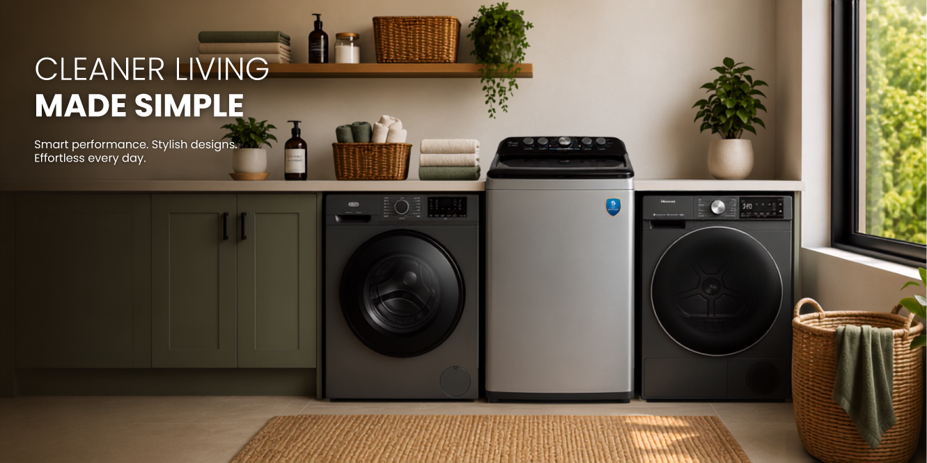 Cleaner Living Made Simple A modern laundry room with premium washing machines, green cabinetry, wood shelving, decorative plants, and the headline "Cleaner Living Made Simple".