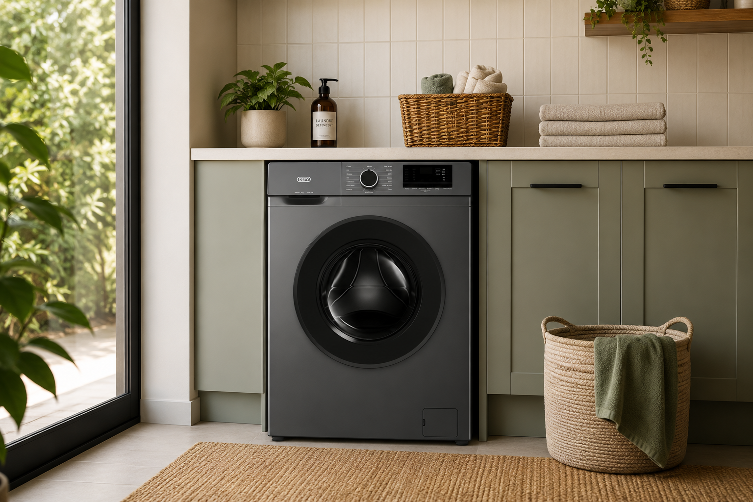 Front Loader Modern front-load washing machine in a stylish laundry room with sage-green cabinetry, woven storage baskets, folded towels, houseplants, and abundant natural light.