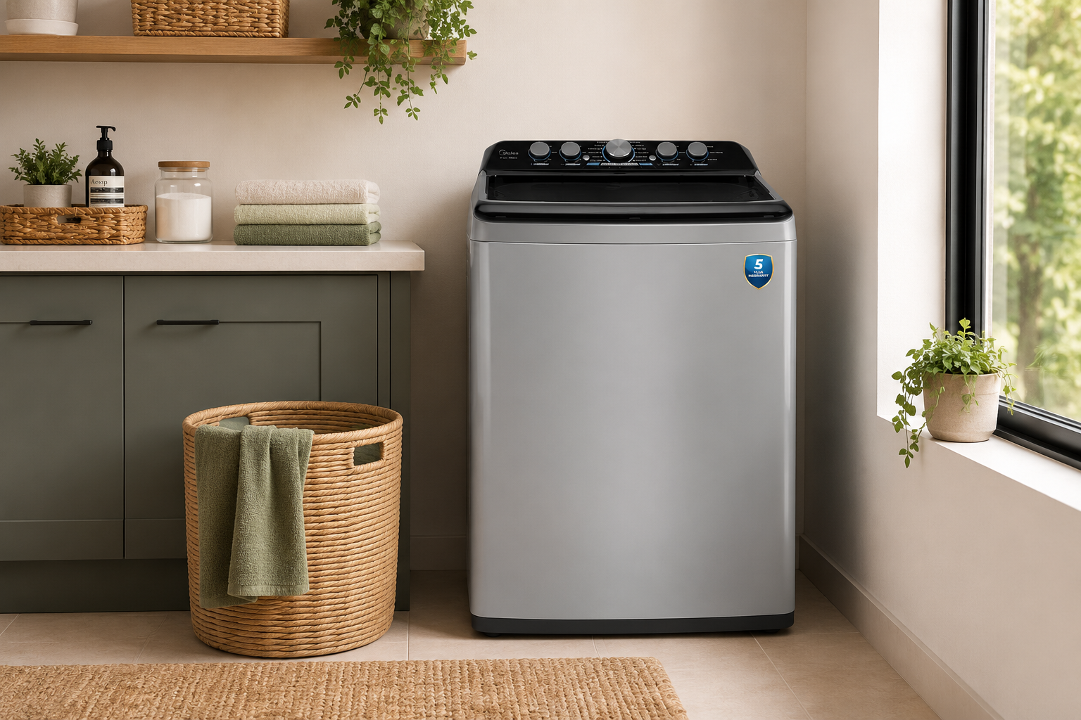 Top Loader Modern top-load washing machine in a contemporary laundry room featuring sage-green cabinetry, wooden shelving, woven storage baskets, folded towels, indoor plants, and abundant natural light.