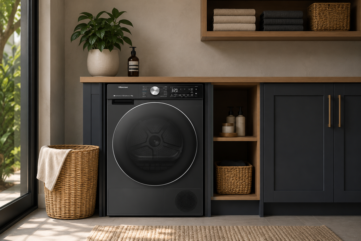Tumble Dryer Modern front-load tumble dryer in a stylish laundry room with dark cabinetry, wooden shelving, decorative plants, folded towels, and woven storage baskets.