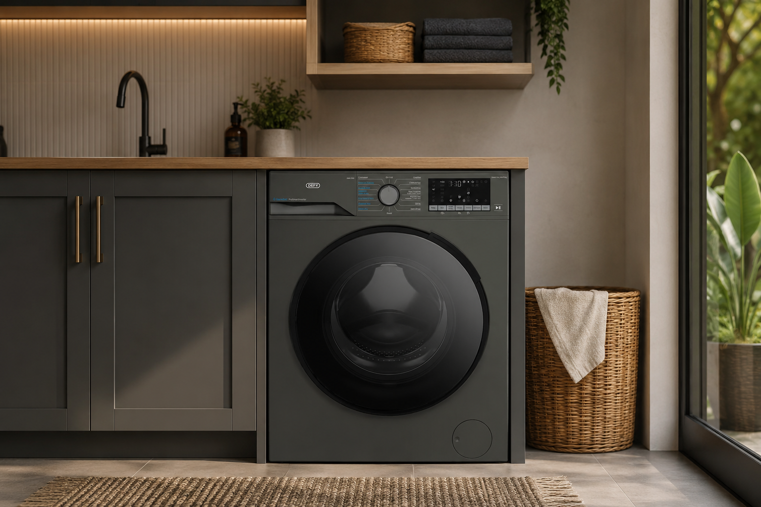 Washer/Dryer Premium black front-load washing machine in a modern laundry room featuring dark cabinetry, wooden shelving, woven baskets.